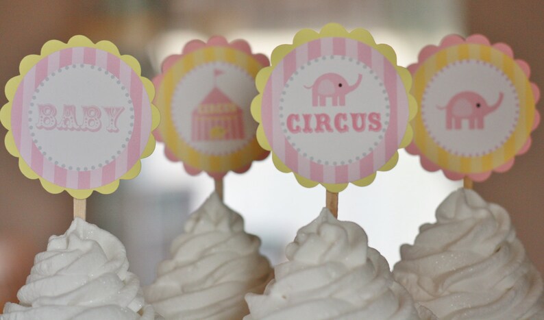 12 Pink Yellow Vintage Circus Girl Theme Baby Shower Cupcake Etsy
