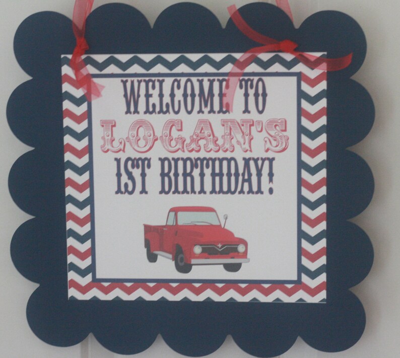 12 Red Navy Blue and Grey Chevron Vintage Red Truck Theme Birthday Cupcake Toppers Ask About our Party Pack Sale
