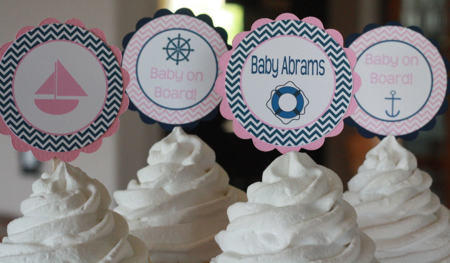 Whale Nautical Baby Shower Cupcake Toppers Banners Party Packages /& Favor Tags 12 Green /& Navy or Orange /& Navy Chevron Door Signs Available