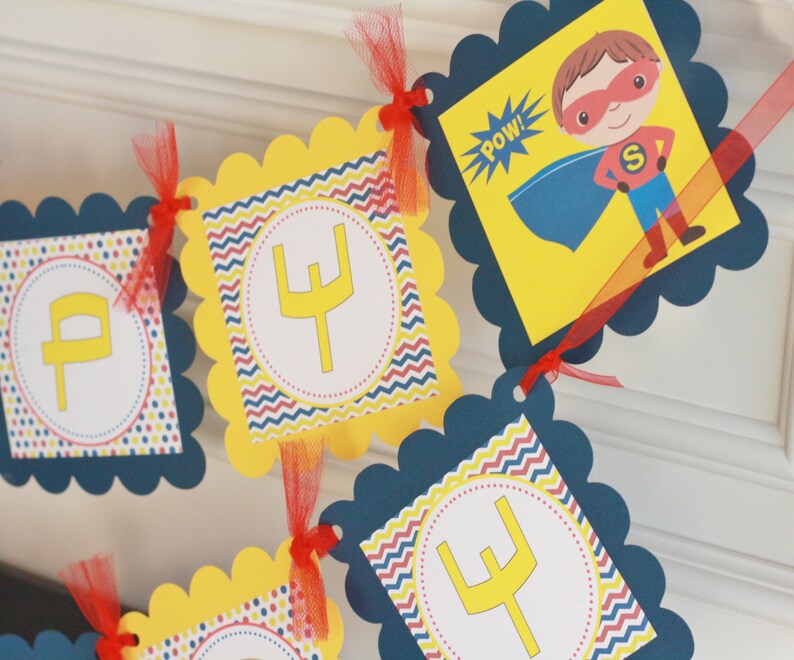 Matching Cupcake Toppers Tags Place Cards /& Door Sign Available Superhero Super Hero Happy Birthday Boys Yellow Red Navy Chevron Banner