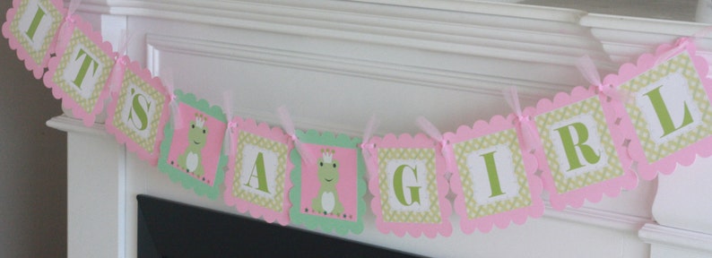 Frog Prince Princess Crown Its a Girl or Its a Boy Green Pink Plaid Baby Shower Banner Sign Decorations Other Colors Available