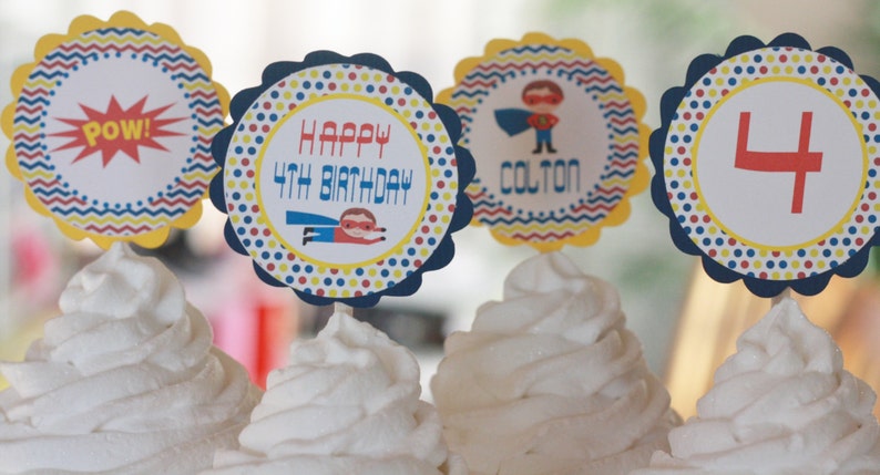 Matching Cupcake Toppers Tags Place Cards /& Door Sign Available Superhero Super Hero Happy Birthday Boys Yellow Red Navy Chevron Banner