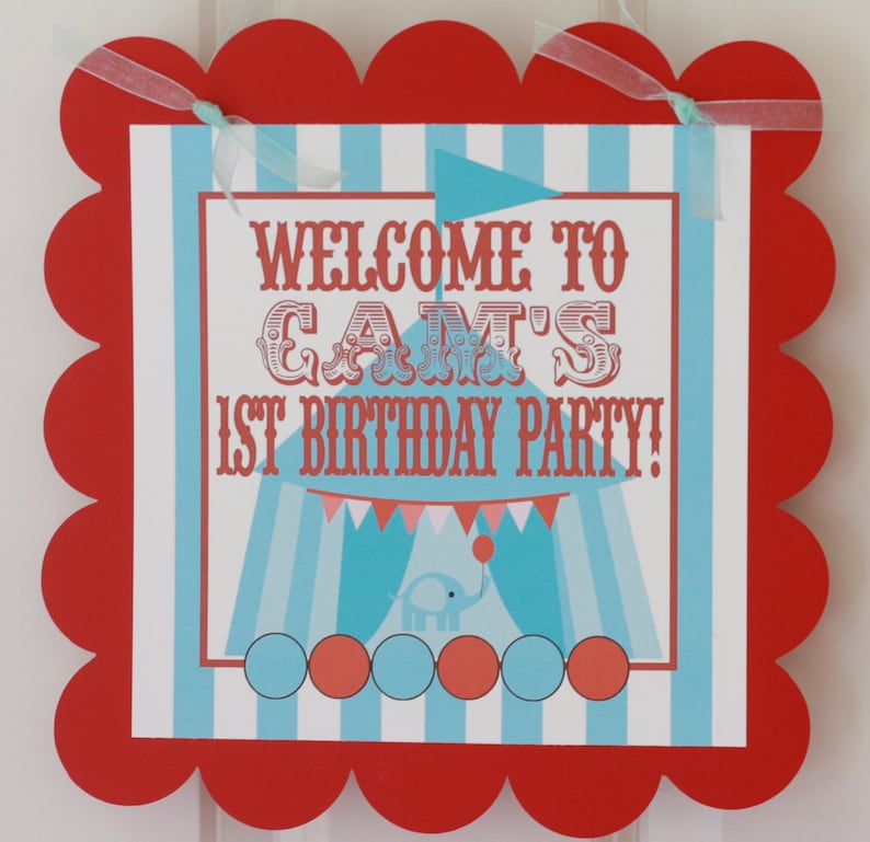 Other Colors Available Vintage Circus Tent Happy Birthday Red /& Blue Vintage Animal Elephant Theme Banner Sign Decorations