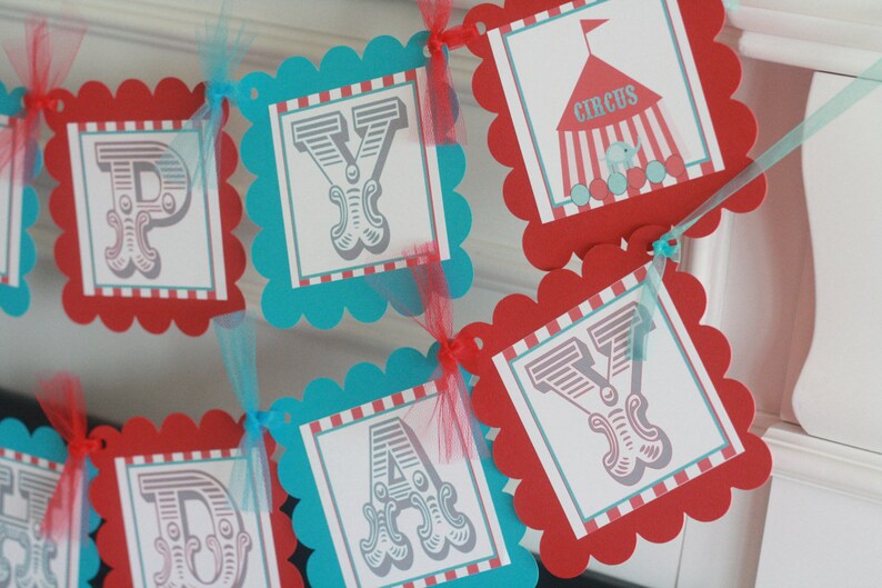 Other Colors Available Vintage Circus Tent Happy Birthday Red /& Blue Vintage Animal Elephant Theme Banner Sign Decorations