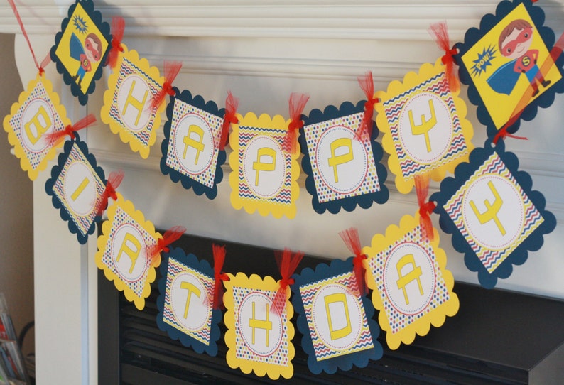 Matching Cupcake Toppers Tags Place Cards /& Door Sign Available Superhero Super Hero Happy Birthday Boys Yellow Red Navy Chevron Banner