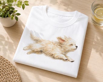 May include: A white t-shirt featuring a detailed illustration of a small, light-colored, long-haired dog running with its eyes closed. The dog has fluffy fur, pointed ears, and a joyful expression, centered on the front of the garment.