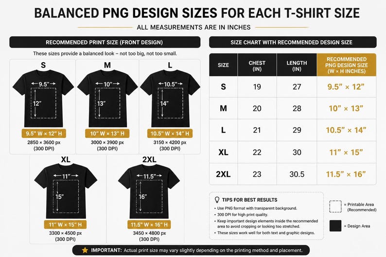 May include: A chart detailing balanced PNG design sizes for t-shirts, with measurements in inches. It includes recommended print sizes for front designs, size charts with chest and length measurements, and tips for best results.