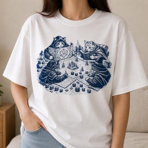 Könnte beinhalten: Weißes T-Shirt mit einer blauen Illustration von Katzen, die ein Tabletop-Rollenspiel spielen. Die Katzen sind in Fantasy-Kleidung gekleidet, mit Würfeln und einem Spielbrett. Das Design ist auf dem T-Shirt zentriert.