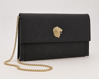 Vintage Bruno Magli Magdalena Black Leather Crossbody Bag Gold Chain Lion Head Clutch Designer Purse