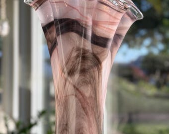 Jarrón de cristal artístico estilo Murano vintage, rosa amatista, remolino negro, 43 cm (17 pulgadas), volante