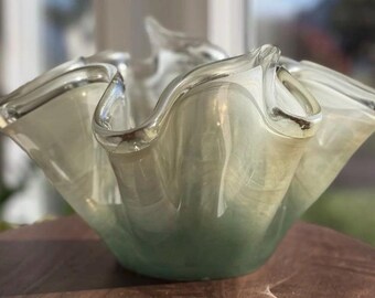 Vintage Murano Art Glass Handkerchief Bowl Opaline Latticino Seafoam Green Ruffled Centerpiece Italian Glass