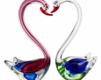 Paar Fifth Avenue Crystal Art Glazen Zwanen Hartvorm Cranberry Blauw 12 Inch Beeldjes Vintage Bruiloft Decor