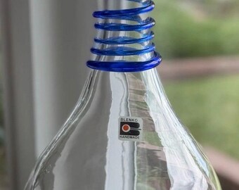 Vintage Blenko Handmade Art Glass Vase 14.25” Clear Cobalt Blue Spiral Neck MCM