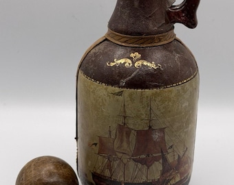 Botella decantadora vintage de barco envuelta en cuero italiano Fausto Corduri, Florencia, Italia