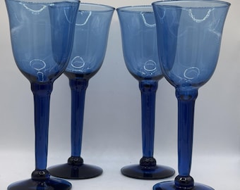 Juego de 4 copas de vino mexicanas vintage de color azul cobalto soplado a mano, con tallo, de 23 cm (9 pulgadas), estilo MCM.