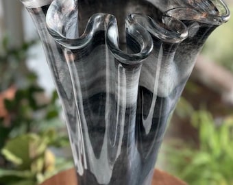 Large Murano Style Hand Blown Art Glass Handkerchief Vase, Black White Swirl Ruffled Glass, Sculptural Statement Deco