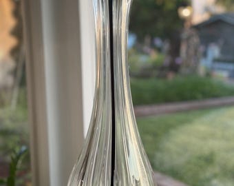 Jarrón grande de cristal artístico estilo Murano vintage, transparente, con cinta negra acanalada, 20 pulgadas.