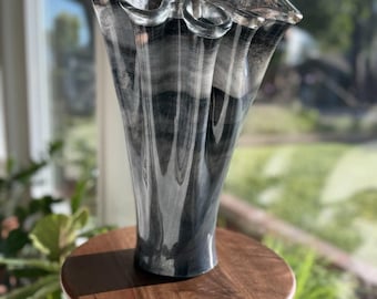 Jarrón grande de cristal artístico para pañuelos, diseño en espiral de aventurina blanca y negra, 39,4 cm (15,5 pulgadas)