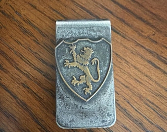 Vintage leeuwenkuif heraldisch geldclip zilverkleurig middeleeuws schild 2"