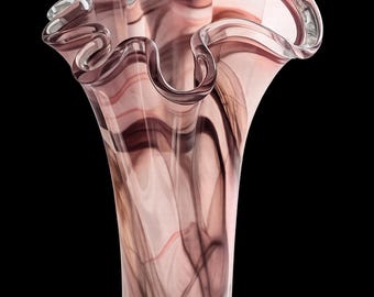 Große Murano Stil Studio Art Glas Taschentuch Vase Pink Black Swirl 42 cm