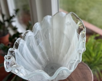 Cuenco para pañuelos de cristal artístico de Murano vintage, blanco opalino Latticino, 50,8 cm (20 pulgadas), Italia