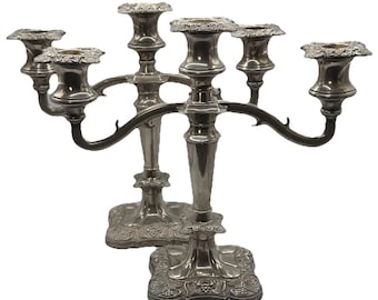 Vintage Engels verzilverd 3-armige kandelaar paar sierlijke wijnstok ongepolijst