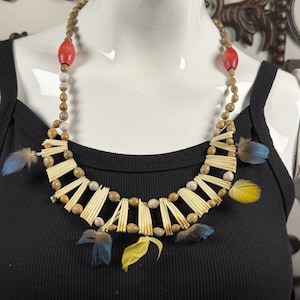 Vintage Tribal Style Necklace - Natural Bovine Bone, Seeds & Feathers