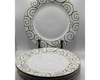 Juego de 5 platos llanos Pier 1 Gold Swirl de porcelana blanca con diseño de volutas doradas (descatalogado)