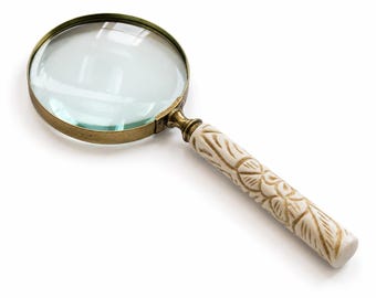 Vintage Messing Lupe, große 4-Zoll-Linse, geschnitzter elfenbeinfarbener Griff, Schreibtisch Dekoration, Bibliothek Büro Zubehör, 25 cm