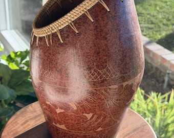 Large 13” Indonesian Sasak Pottery Vase - Vintage Lombok Redware Rattan Rim Art