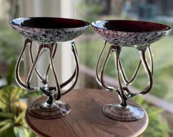 Juego de dos cuencos para compota de cristal artístico polaco vintage, color blanco amatista, con pedestal, de 23,5 cm (9,25 pulgadas).