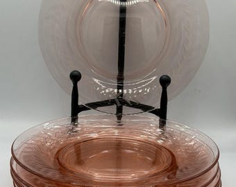 Plato de almuerzo de cristal rosa vintage de la época de la Gran Depresión, de 21 cm (8,25 pulgadas), con grabado de laurel - 6 unidades disponibles