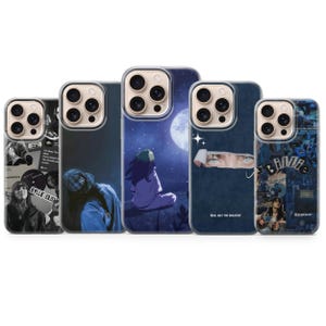 May include: A collection of five phone cases featuring various designs. The cases showcase images of a singer, including a person sitting under a full moon, and text. The cases are in shades of blue, black, and white.