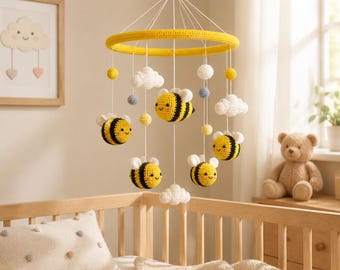 Bumblekins Crochet Bee Mobile with Cloud Wings, Whimsical Yellow and White Nursery Hanging Art