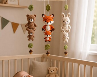 Parent and Baby Animal Crochet Mobile, Woodland Best Friend Hanging Decor for Newborn Nursery