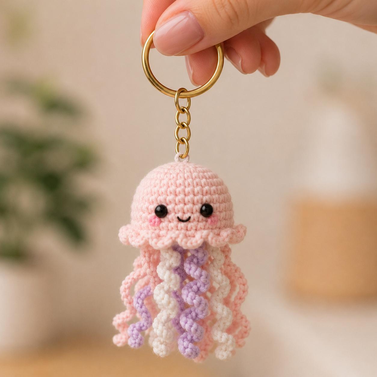 かぎ針編みのクラゲキーホルダー 手作りの海のバッグチャーム かわいい