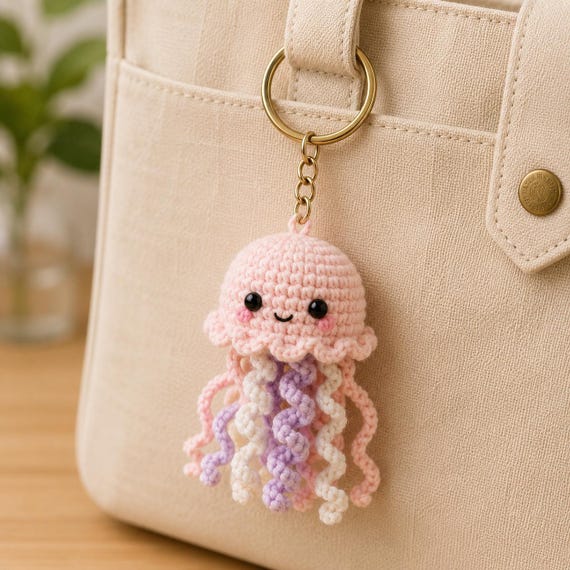 かぎ針編みのクラゲキーホルダー 手作りの海のバッグチャーム かわいい