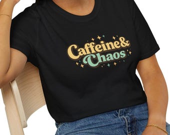 Caffeine Chaos T-Shirt Retro Script, Funny Coffee Lover Graphic Tee, Sarcastic Coffee Humor Shirt, Caffeine Addict Tee