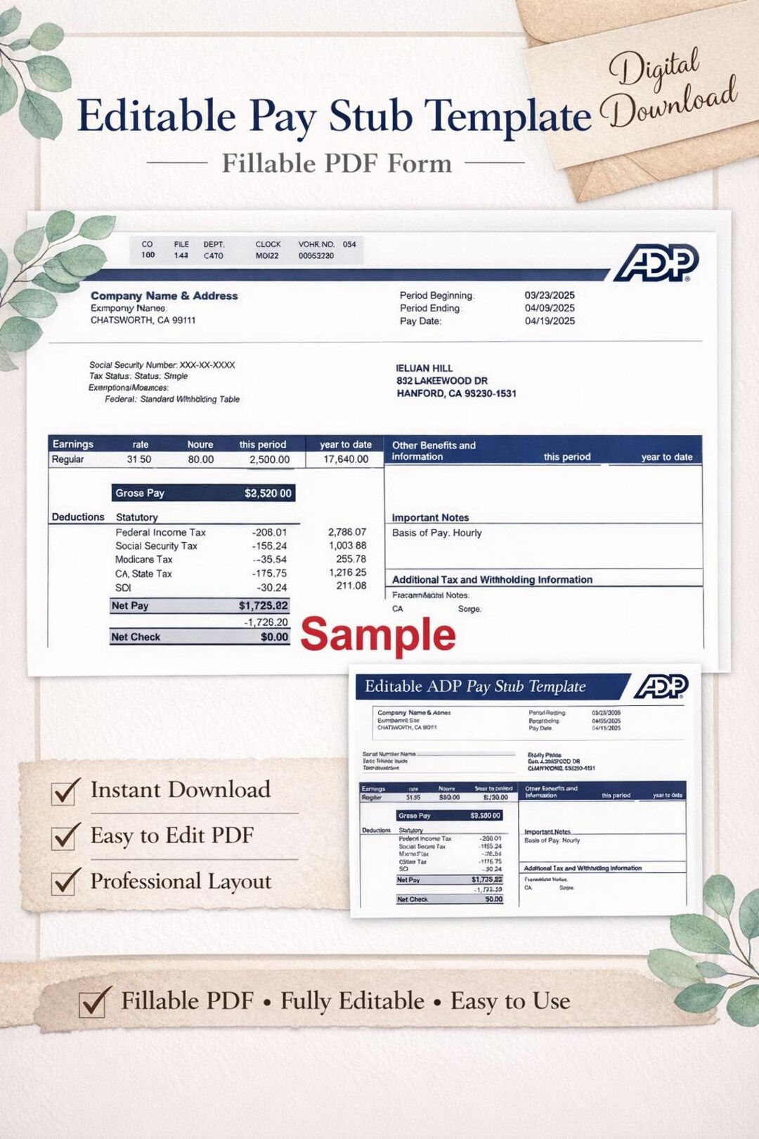 Editable Paystub Template.pdf Editable Paystub Template PDF | Payroll Check Stub Fillable Form ...