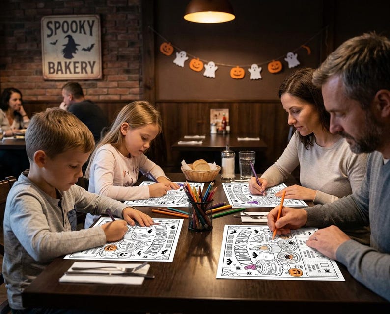 Peut inclure: Un ensemble de sets de table en papier blanc avec des illustrations au trait noir de cupcakes, de citrouilles et le texte Witches Bakery, conçus pour être coloriés avec des crayons de couleur sur une table en bois sombre.