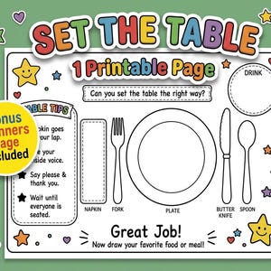 Puede incluir: Una hoja de actividades imprimible titulada SET THE TABLE con contornos para una servilleta, tenedor, plato, cuchillo de mantequilla y bebida. Incluye una sección de consejos de mesa, una nota sobre una página extra y espacio para dibujar.
