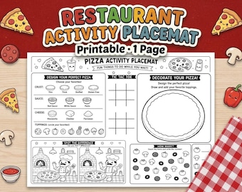 Activiteitenplacemat pizza voor kinderen | Afdrukbare restaurantkleurplaat | PDF diner kleurplaten en spellen