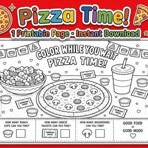 May include: A printable coloring page titled Pizza Time! featuring a large pizza, a salad bowl, a drink, and parmesan packets. The sheet includes counting activities with text asking how many ranch cups, cheese packets, and mushrooms are present.