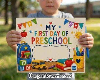 Printbaar bordje voor de eerste schooldag van de kleuterschool | Fotorekwisiet voor de kleuterschool | Bordje voor de start van het schooljaar