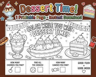 Dessertkleurplaten voor kinderen | Afdrukbare restaurantactiviteit voor kinderen | Digitale download