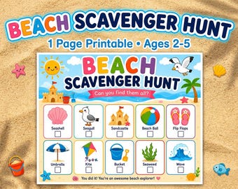 Afdrukbare strandspeurtocht voor kinderen van 2-5 jaar | Voorschoolse strandactiviteit | Vakantiespel voor peuters | Zomerstrandjacht