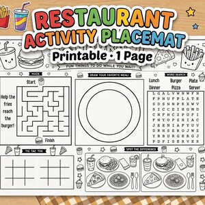 May include: Black and white printable restaurant activity placemat with a maze, tic-tac-toe, word search, and a space to draw. Includes images of burgers, fries, and drinks. Text reads "Restaurant Activity Placemat Printable 1 Page."