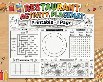 Restaurant Burger Activity-placemat afdrukbaar voor kinderen | 1 pagina kindermenuspellen | Houd kinderen bezig terwijl je wacht (digitale download)