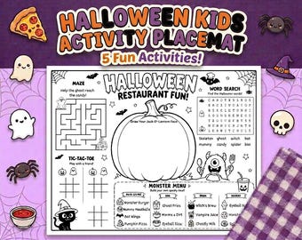Halloween Restaurant Activity Placemat | Printable Kids All Hallows Eve Activity Sheet | 5 Fun Activities | Digital Download