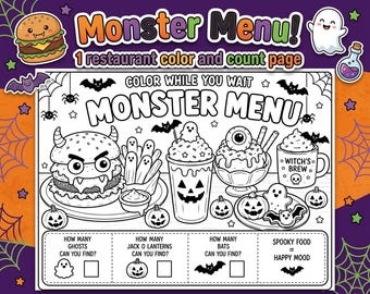 Halloween Restaurant Coloring Page | Kids Color & Count Printable | Halloween Party Activity | Digital Download